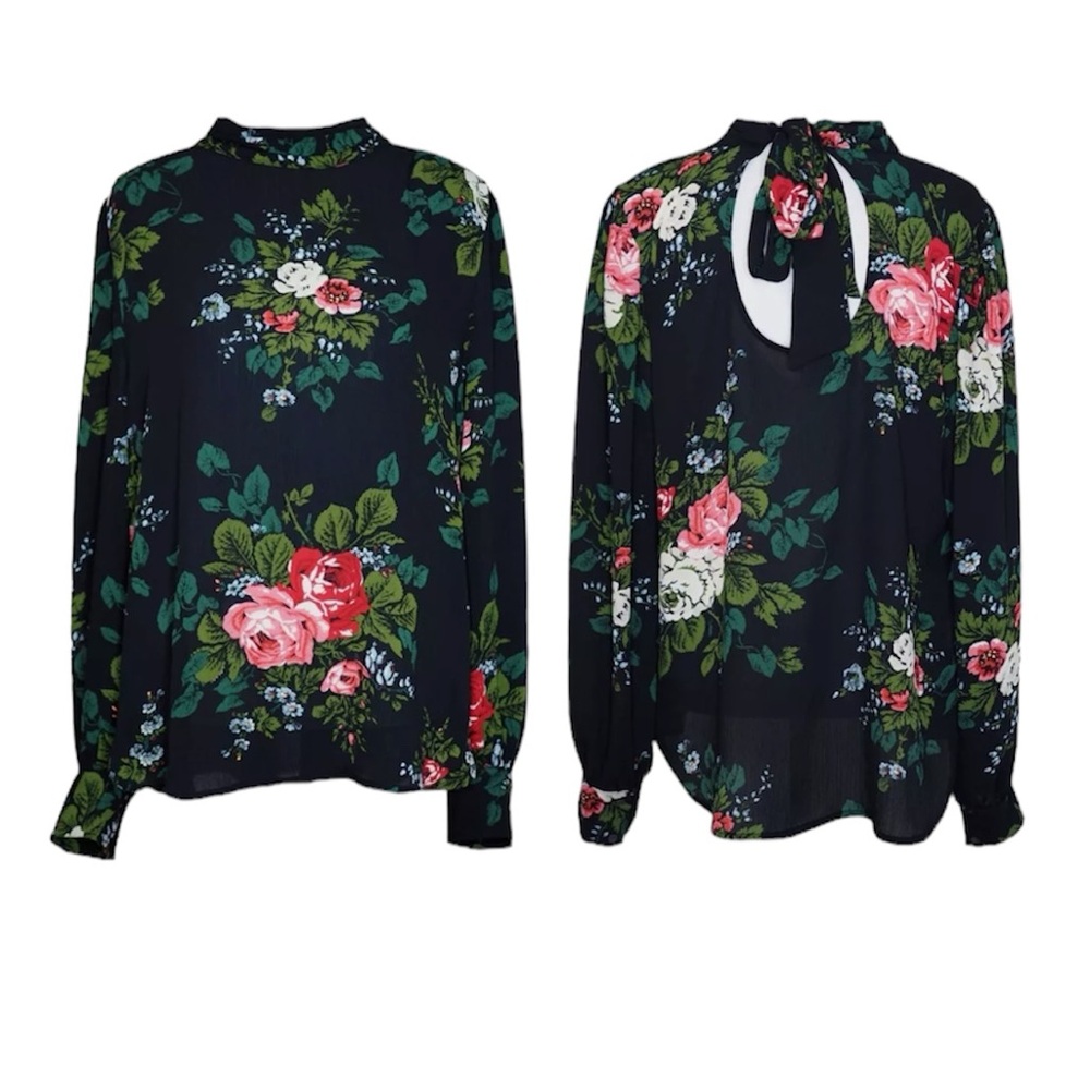 LOFT Top Black Floral Print Roses Back Cutout Bow Tie Neck Blouse Botanical XS